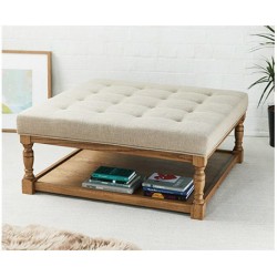 Burlington Shallow Buttoned : Square Oak Framed Coffee Table Stool