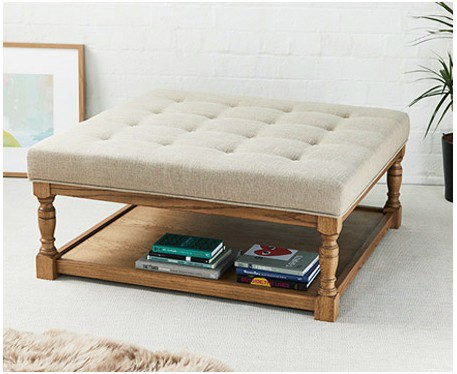 Burlington Shallow Buttoned : Square Oak Framed Coffee Table Stool