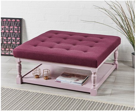 Burlington Shallow Buttoned : Square Oak Framed Coffee Table Stool