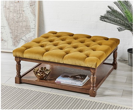 Burlington Deep Buttoned : Square Oak Framed Coffee Table Stool